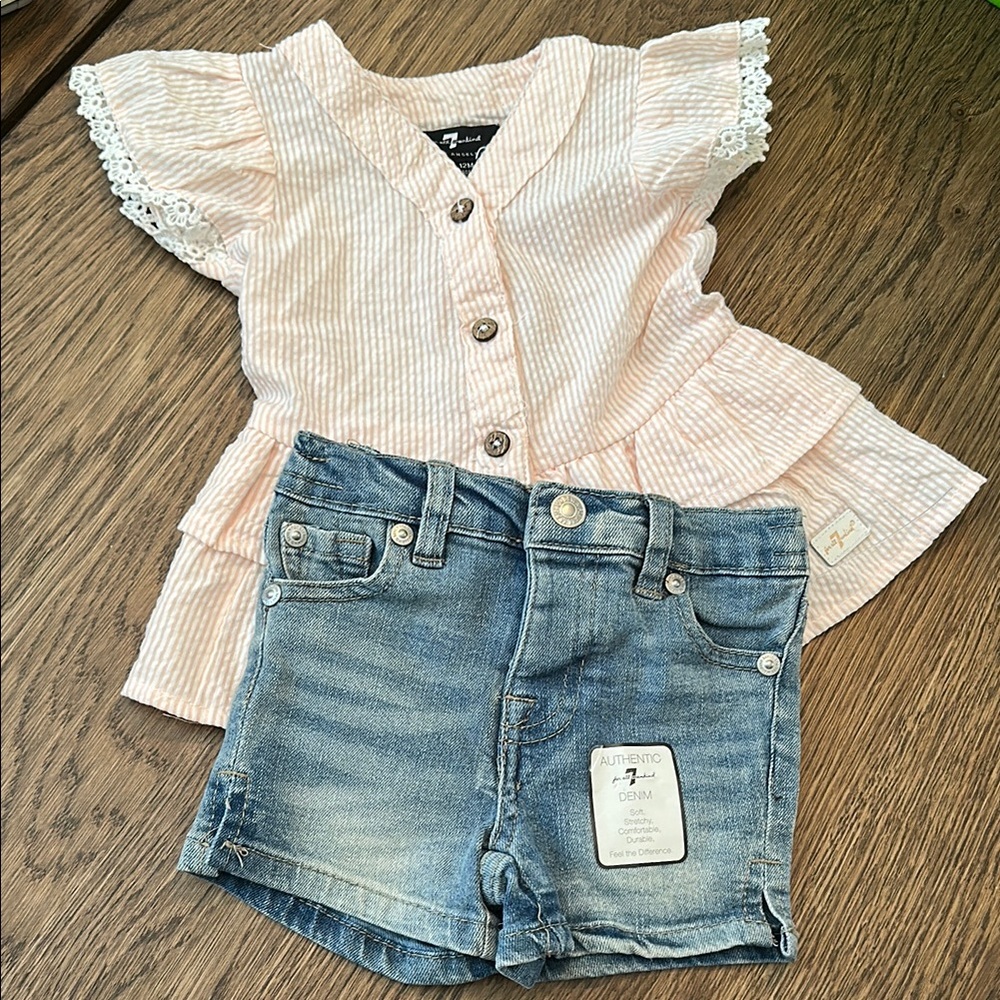 Pink searsucker Kids Shirt by [7 For All Mankind]